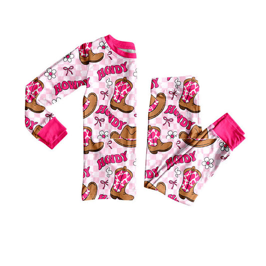 Preorder(moq 8)Baby Girls Pink Checked Hats Boots Howdy Top Pants Western Pajamas Sets