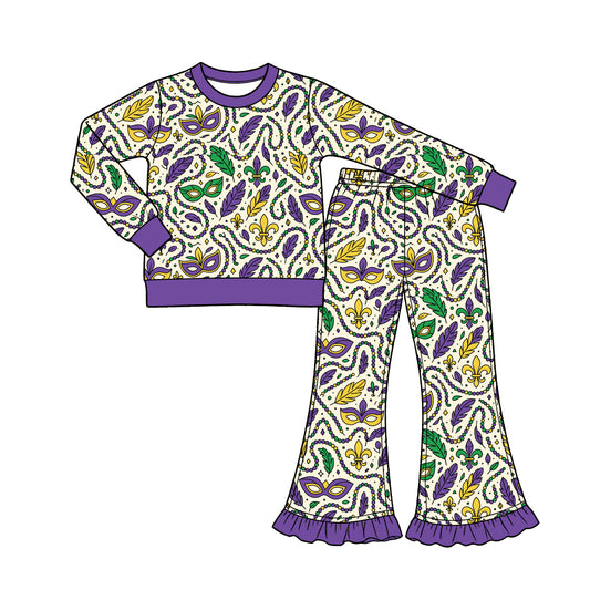Preorder (moq 5) Baby Girl Clothes Mardi Gras Mask Fleur De Lis Mixed Print Long Sleeve Flare Pant Set