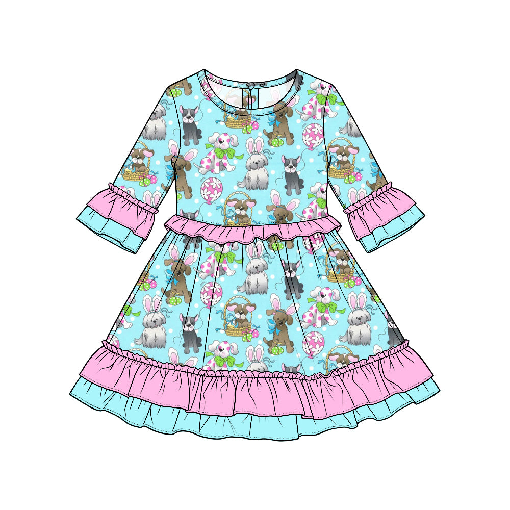 Preorder moq5  Girls’ Easter Bunny Floral Dress, Light Blue Rabbit Print Ruffle-Trim Dress, Cute Spring Holiday Outfit