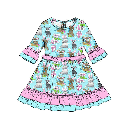 Preorder moq5  Girls’ Easter Bunny Floral Dress, Light Blue Rabbit Print Ruffle-Trim Dress, Cute Spring Holiday Outfit