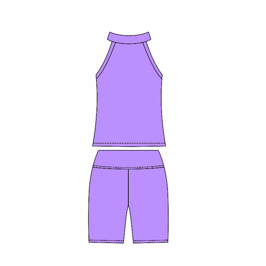 Preorder moq 10 Baby Girls Purple Sleeveless Activity Wear Vest Top Biking Shorts Yoga Set