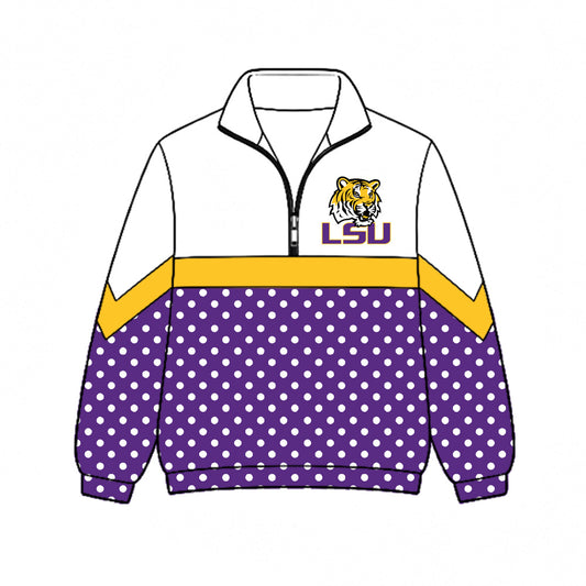 Preorder (moq 5)Baby Boys Purple Polka Dots LSU Tigers Team Zip Pullovers Top