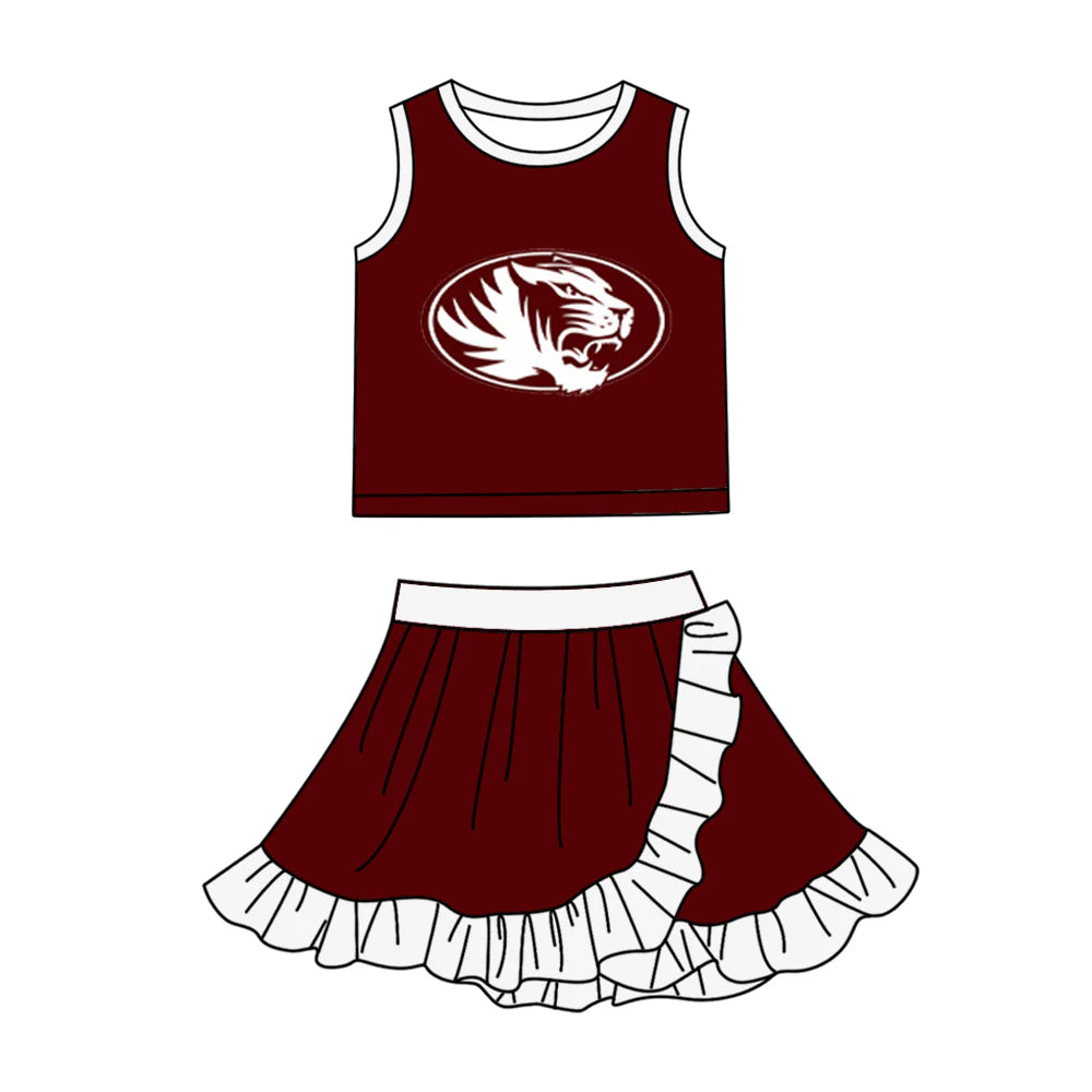 Preorder (moq 5)Baby Girls Red Silsbee Tigers Vest Top Ruffle Skirt Short Team Clothes Sets