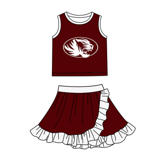 Preorder (moq 5)Baby Girls Red Silsbee Tigers Vest Top Ruffle Skirt Short Team Clothes Sets
