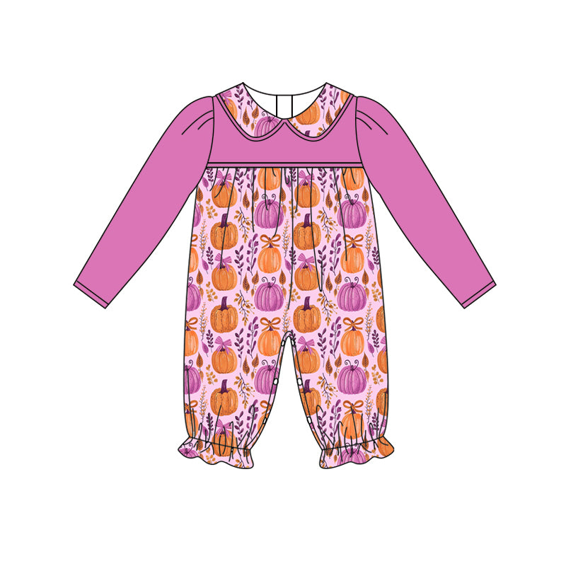 Preorder (moq 5)Baby Girls Hot Pink Long Sleeves Pumpkins Floral Ruffle Pant Rompers