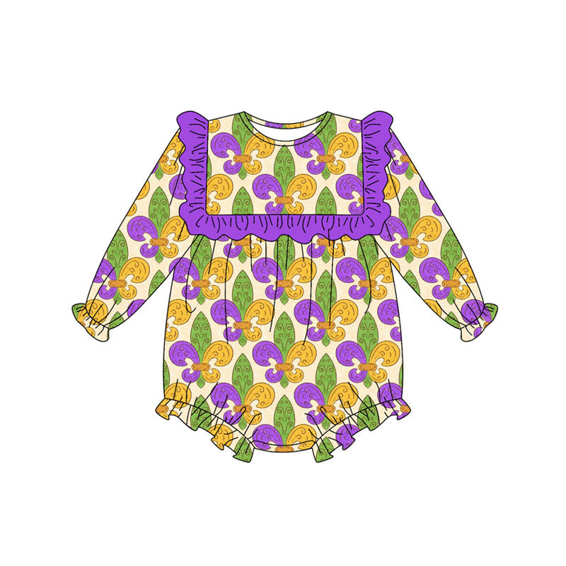 Preorder (moq 5)Baby Girls Purple Yellow Green Mardigras Ruffle Sleeve Rompers