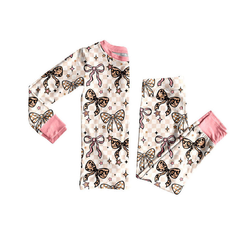 Preorder (moq 5)Baby Girls Bows Stars Checked Top Pants Pajamas Sets