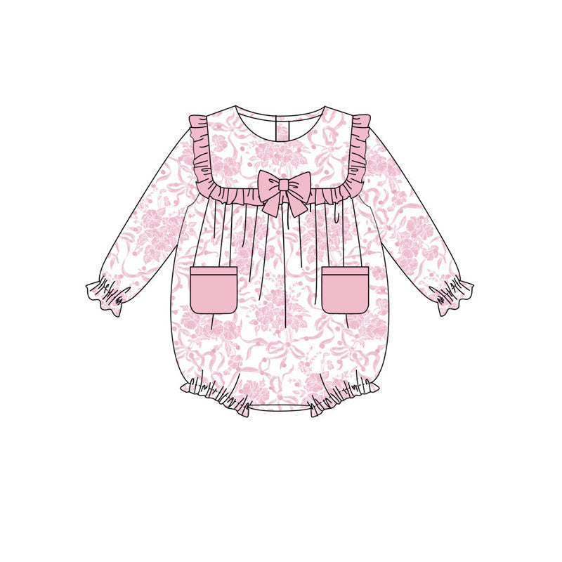 Preorder(moq 8)Baby Girls Pink Flowers Bows Pockets Ruffle Sleeve Rompers