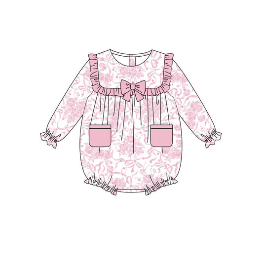 Preorder(moq 8)Baby Girls Pink Flowers Bows Pockets Ruffle Sleeve Rompers
