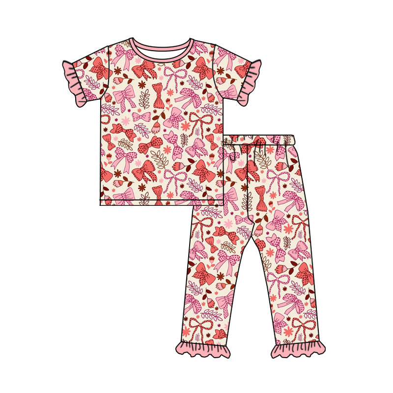 Preorder (moq 5)Baby Girls Pink Flowers Bows Top Ruffle Pants Pajamas Sets