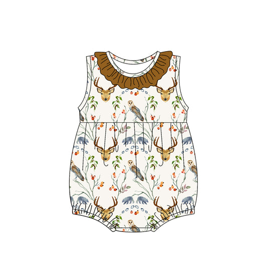 Preorder (moq 5)Baby Girls Brown Sleeveless Deer Floral Ruffle Rompers