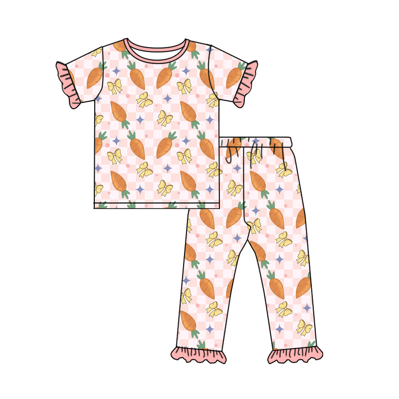 Preorder (moq 5)Baby Girls Peach Checked Carrots Bows Top Ruffle Pants Easter Pajamas Sets