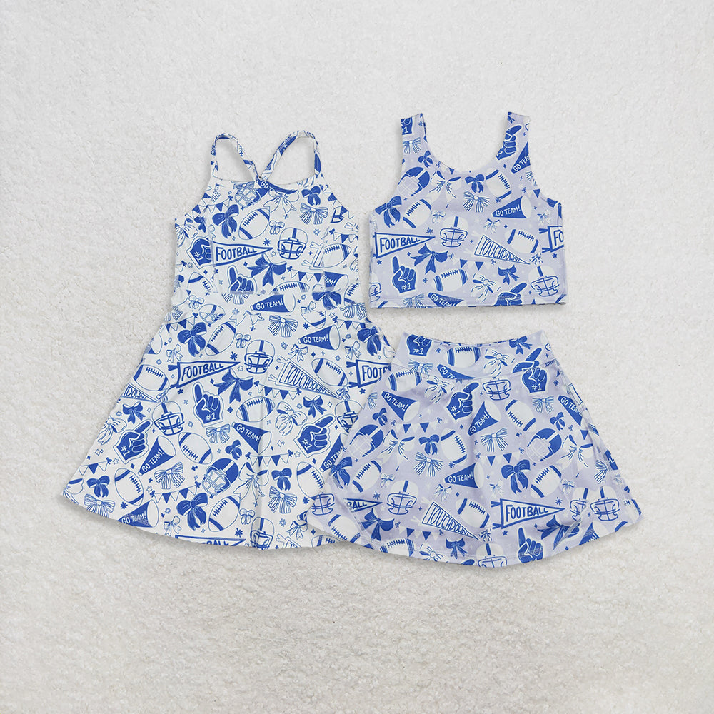 Sibling Baby Girls Blue Bows Footballs Team Shorts Yoga Clothes Set Knee Length Dresses