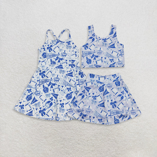 Sibling Baby Girls Blue Bows Footballs Team Shorts Yoga Clothes Set Knee Length Dresses