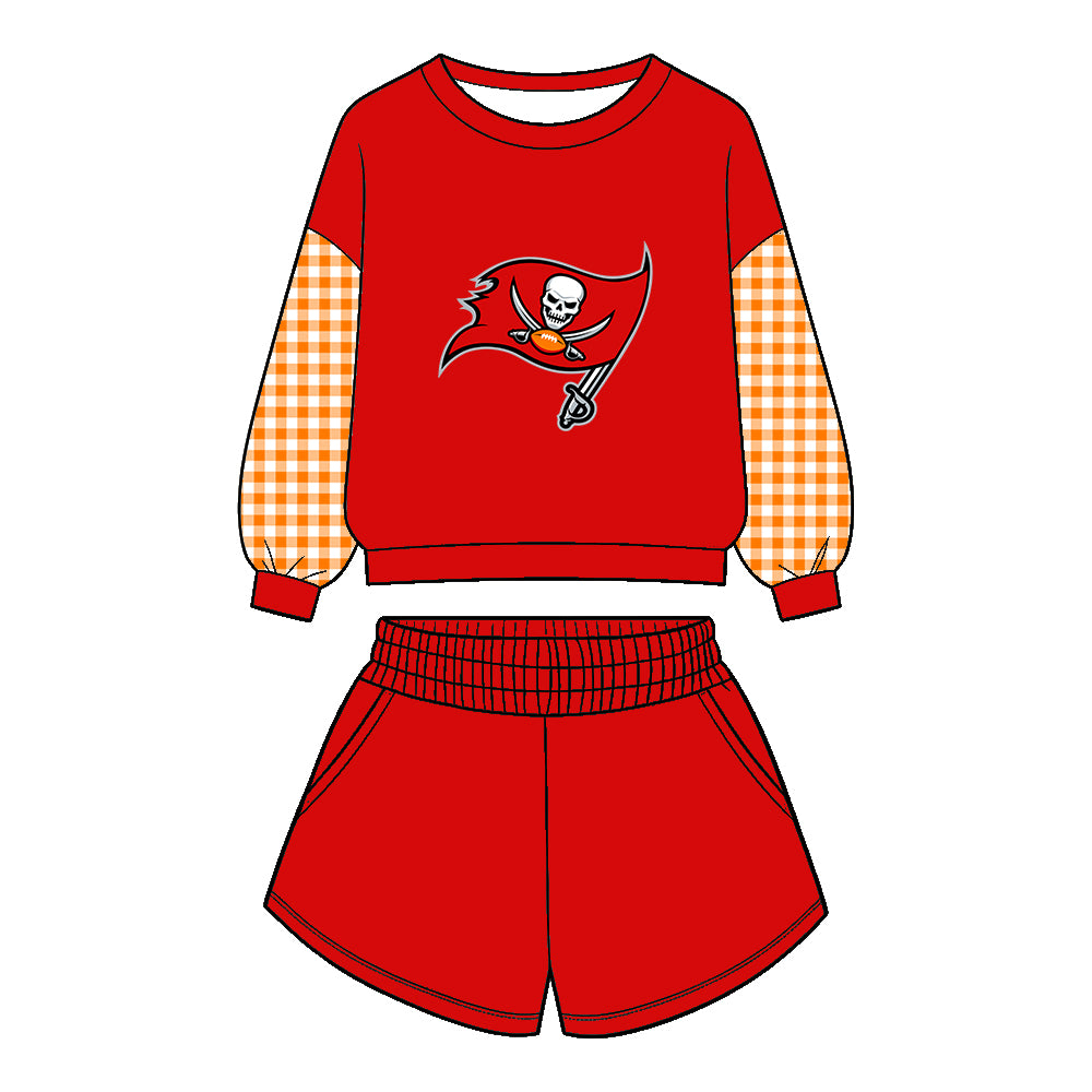 Preorder (moq 5)Baby Boys Red Long Sleeve Buccaners Top Pockets Short Team Clothes Set
