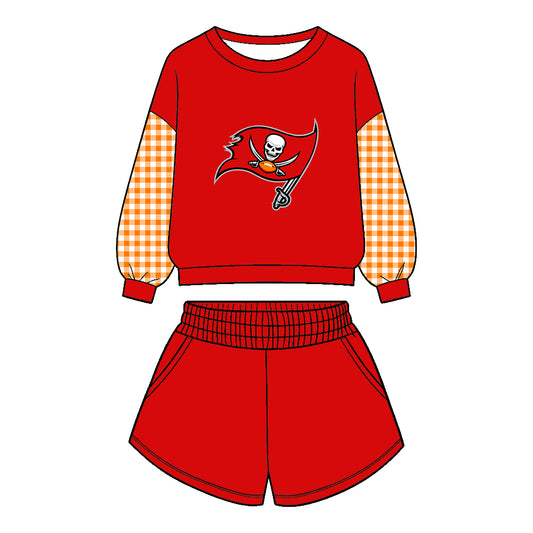 Preorder (moq 5)Baby Boys Red Long Sleeve Buccaners Top Pockets Short Team Clothes Set