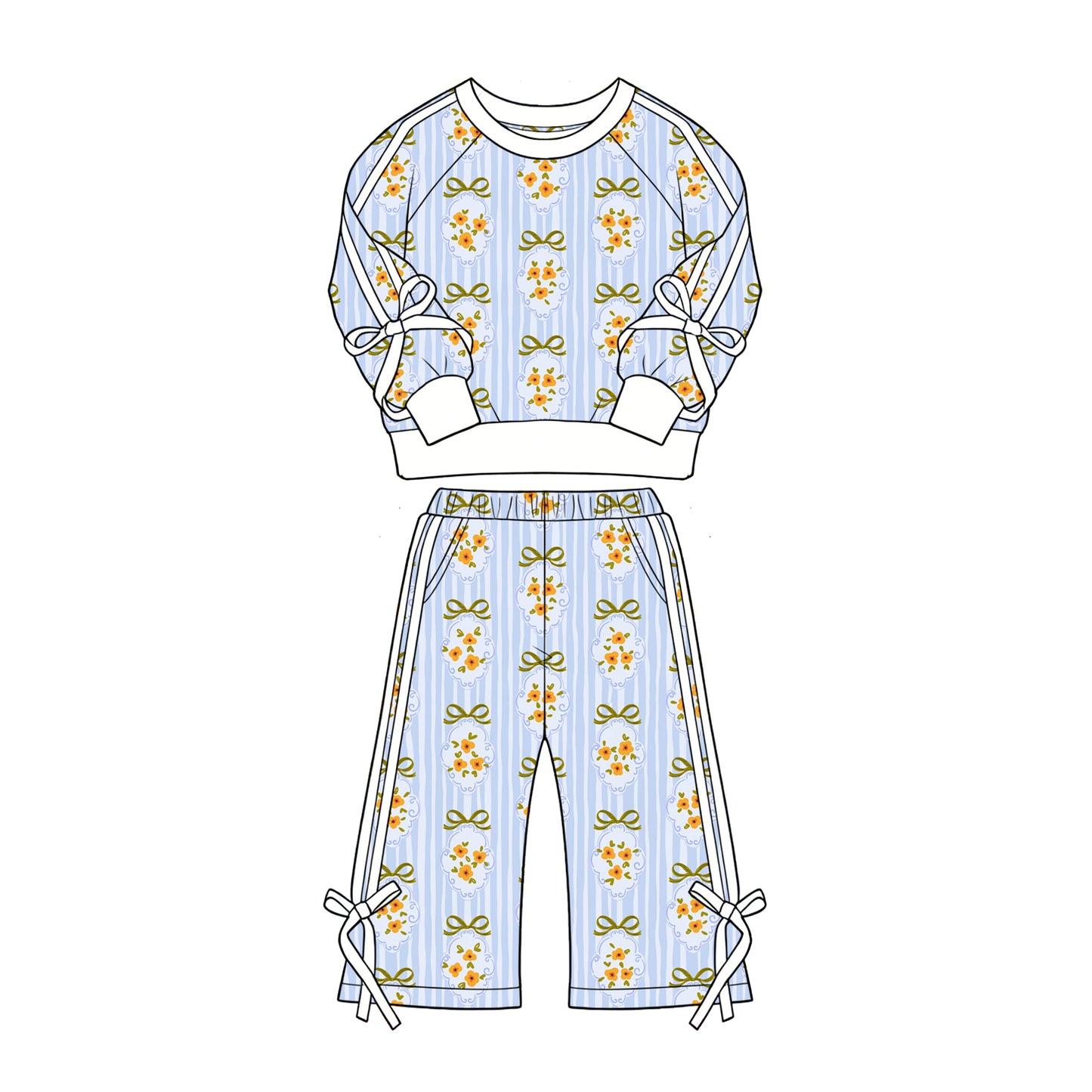 Preorder (moq 5)Baby Girls Blue Stripe Flowers Top Flare Pockets Pant Clothes Sets