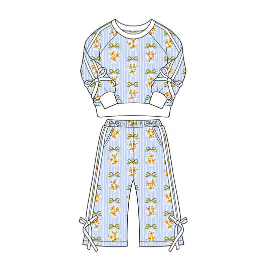 Preorder (moq 5)Baby Girls Blue Stripe Flowers Top Flare Pockets Pant Clothes Sets