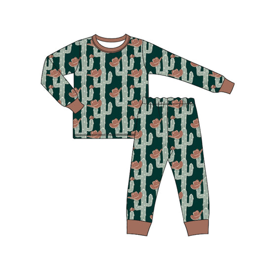 Preorder (moq 5)Baby Boys Dark Green Long Sleeves Hats Cactus Top Pant Pajamas Set