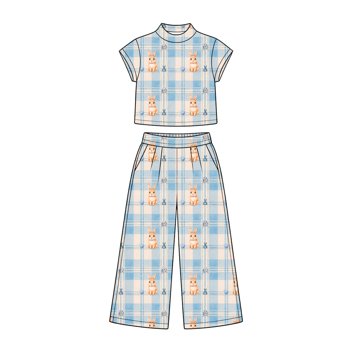 Preorder (moq 5) Baby Girl Clothes Heart Bunny Blue Plaid Print Short Sleeve Wide Leg Pant Set