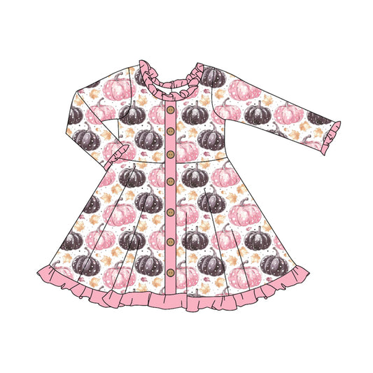 Preorder (moq 5)Baby Girls Pink Long Ruffle Sleeves Pumpkins Leaves Plaid Button Knee Length Dresses