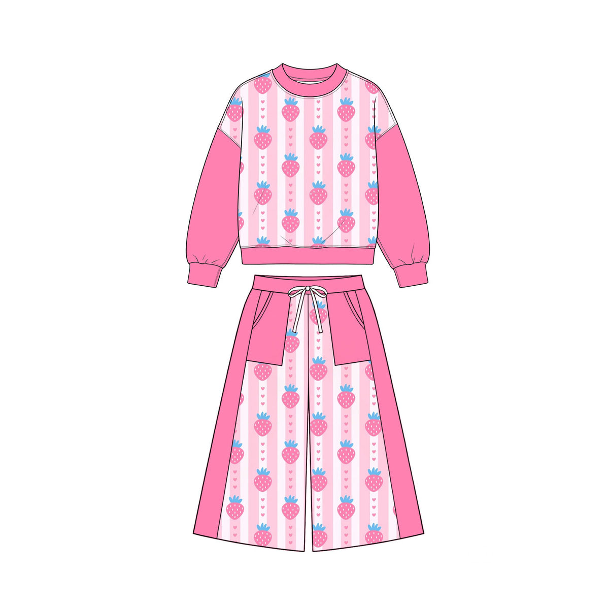 Pre-order(moq5) Girls’ Fall Pink Strawberry Print Long Sleeve Bow Top & Wide-Leg Pants Set | Sisters’ Matching Set
