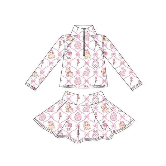 Preorder moq 5Baby Girls’ Bow Bunny & Goose Print Zip Pullover Top & Skirt Set, Mardi Gras Yoga Activewear Outfit