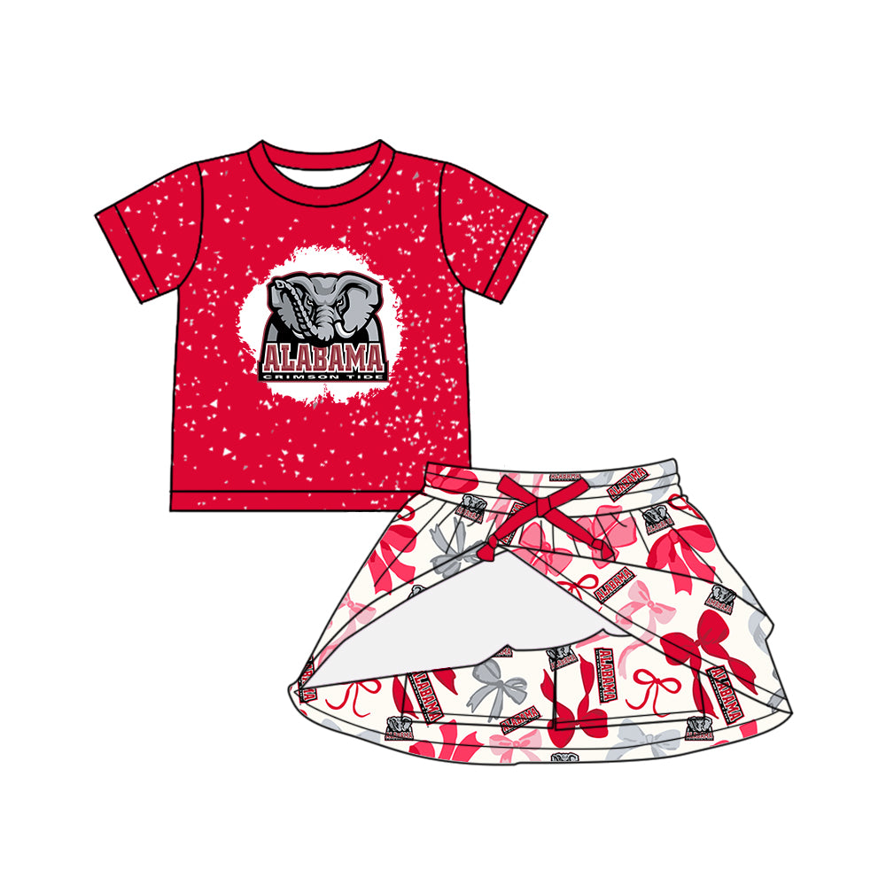 Preorder (moq 5)Baby Girls Red Short Sleeves Alabama Top Bows Plaid Skorts Team Set