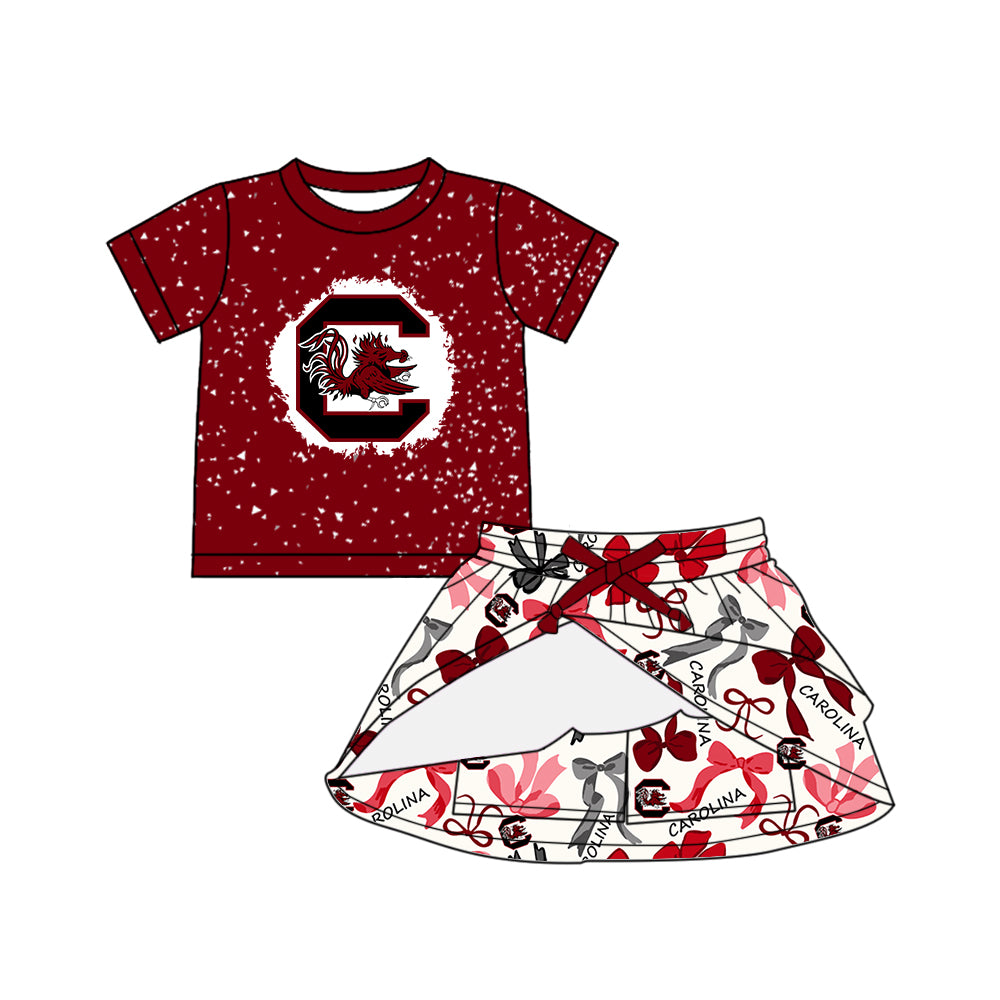 Preorder (moq 5)Baby Girls Dark Red Short Sleeves Carolina Top Bows Plaid Skorts Team Set