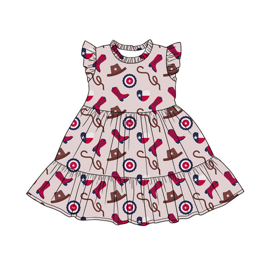 Preorder (moq 5)Baby Girls Flutter Sleeve Hat Boots Western Patchwork Knee Length Dress