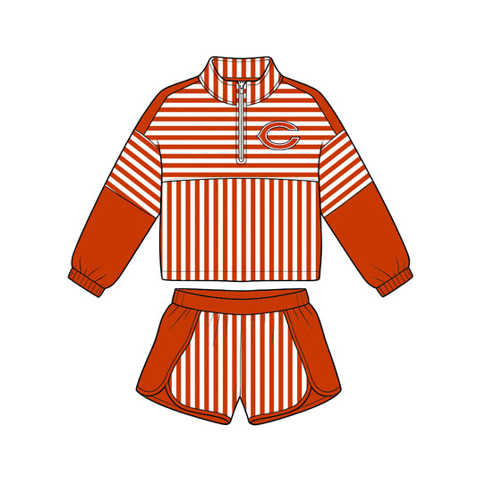 Preorder (moq 5)Baby Girls Orange Stripe Bears Zip Pullovers Short Team Clothes Set