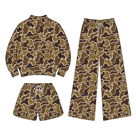 Preorder (moq 5) Baby Girls Camo Shirt Shorts Flare Pants Three Pieces Clothes Sets