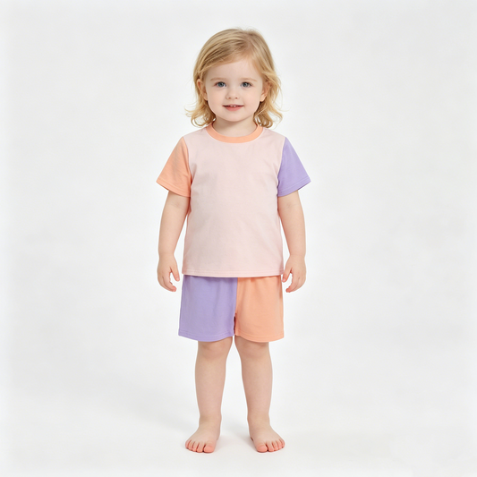 Baby Girls Peach Purple Patchwork Top Short Slouchy Clothes Sets
