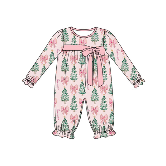 Preorder (moq 5)Baby Girls Long Ruffle Sleeves Pink Bows Trees Candy Cane Pant Rompers