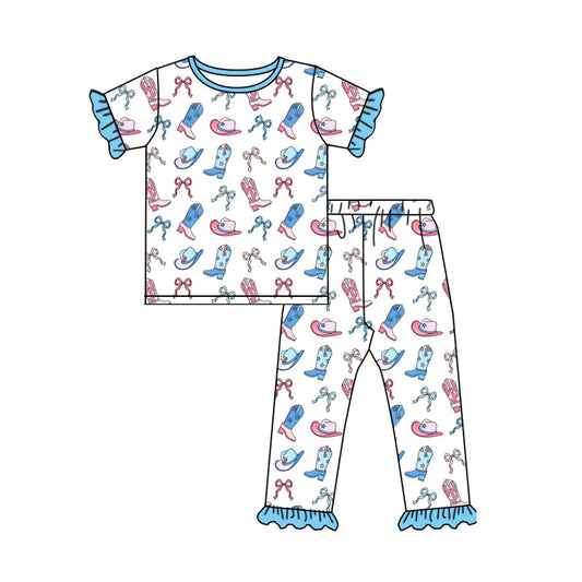 Preorder (moq 5)Baby Girls Short Ruffle Sleeves Blue Bows Boots Top Pant Pajamas Set