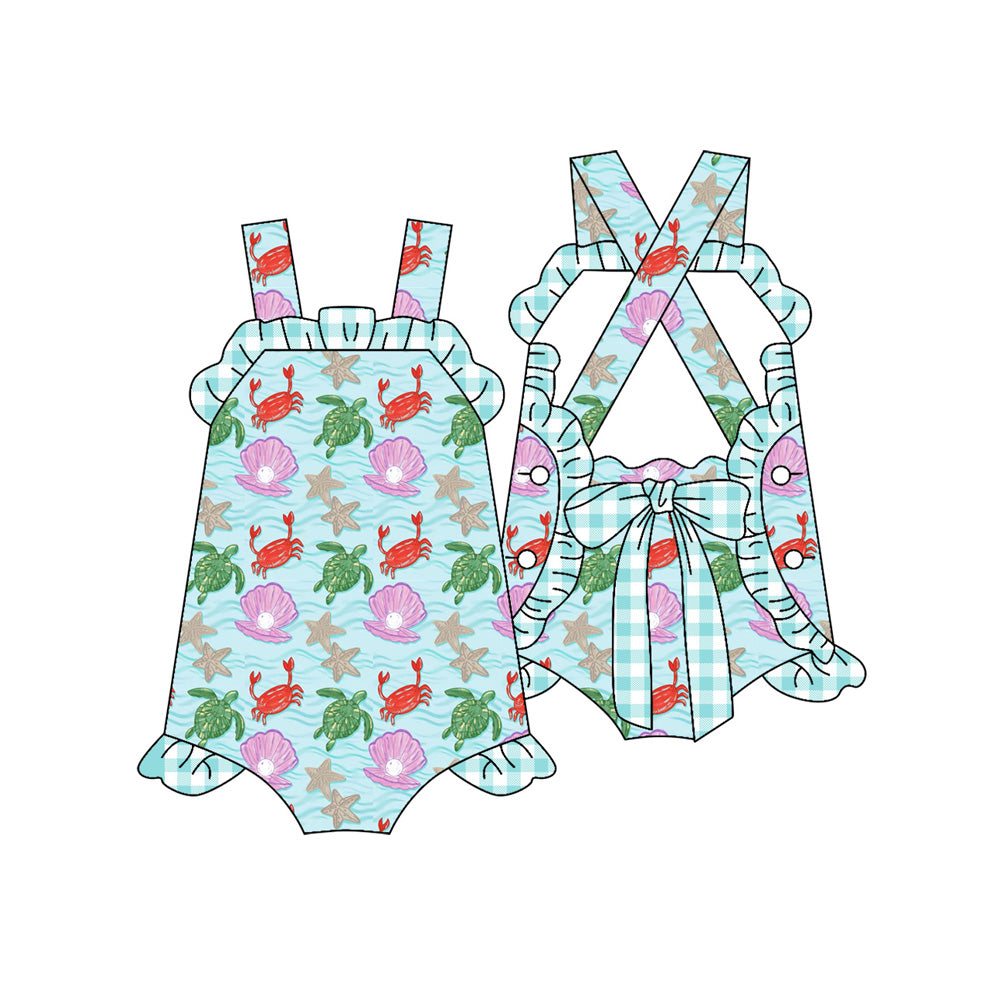 Preorder (moq 5)Baby Girls Strap Sea World Back Bows Ruffle Rompers