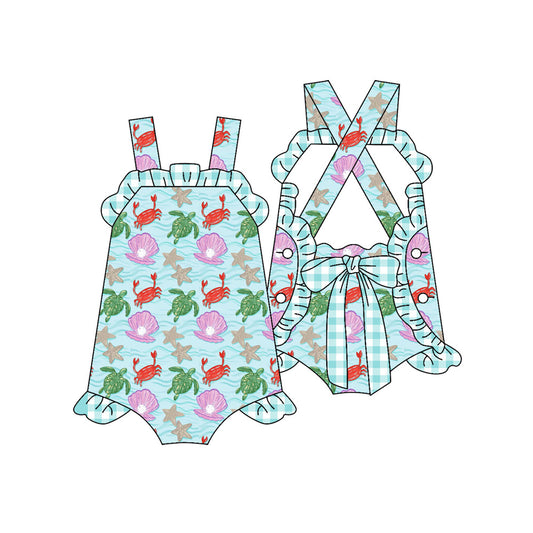 Preorder (moq 5)Baby Girls Strap Sea World Back Bows Ruffle Rompers