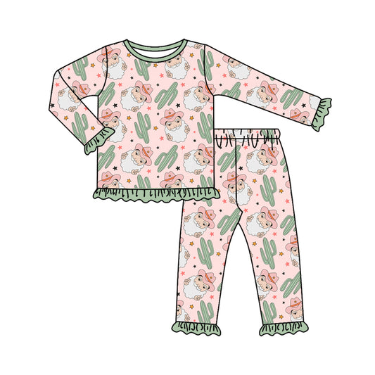 Preorder (moq 5)Baby Girls Long Ruffle Sleeves Santa Cactus Plaid Top Pants Pajamas Set