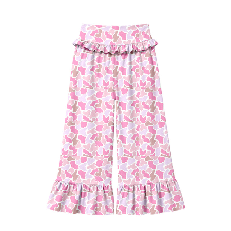 Preorder (moq 5) Women Clothes Pastel Pink Camo Print High Waist Ruffle Hem Wide Leg Pants