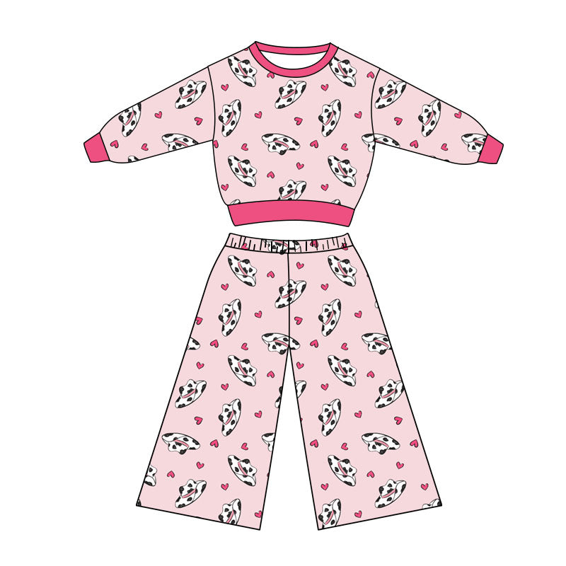 Preorder(moq 5) Baby Girls Howdy Cow Print Hats Hearts Top Flare Pants Western Clothes Sets