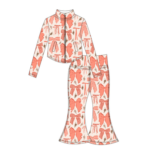 Preorder moq 10 Baby Girls Orange Bows Long Sleeves Pockets Zipper Top Bell Bottom Pant Activity Wear Yoga Set