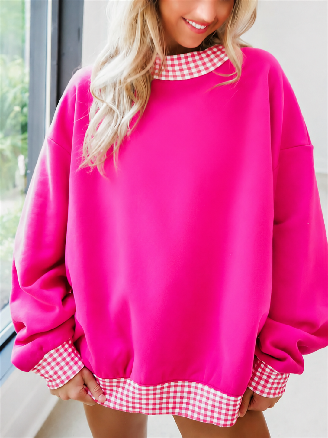 Adult Women Hotpink Sweater Gingham Tee Shirts Tops Preorder