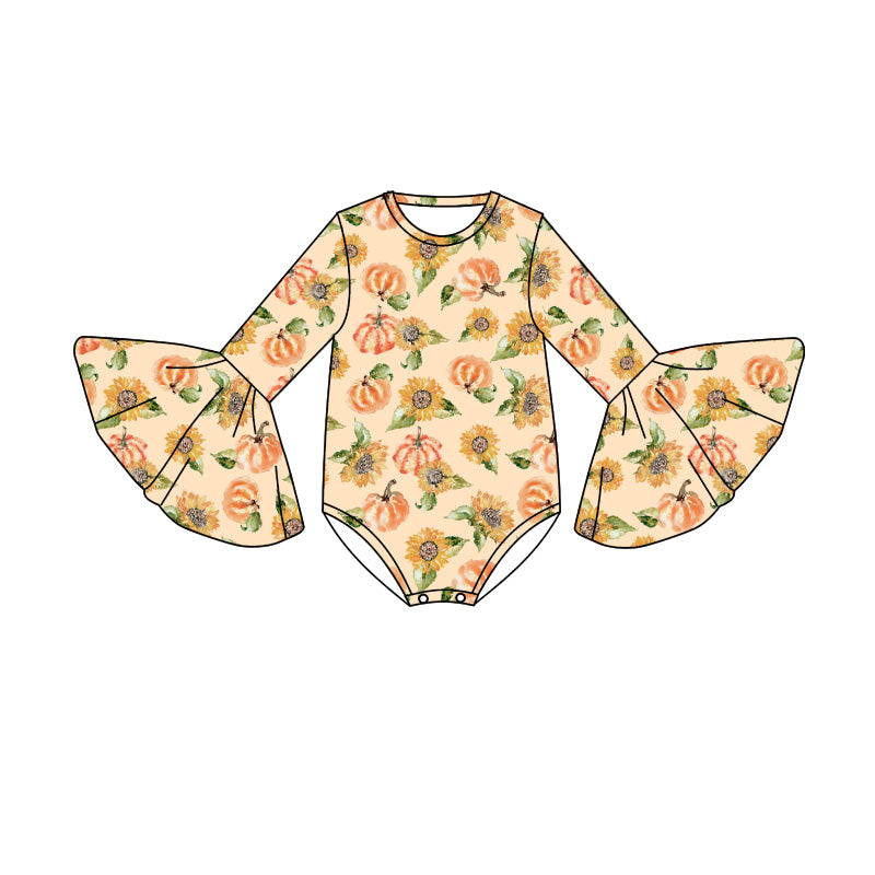 Preorder (moq 5)Baby Girls Bell Sleeve Flowers Pumpkins Fall Ruffle Rompers