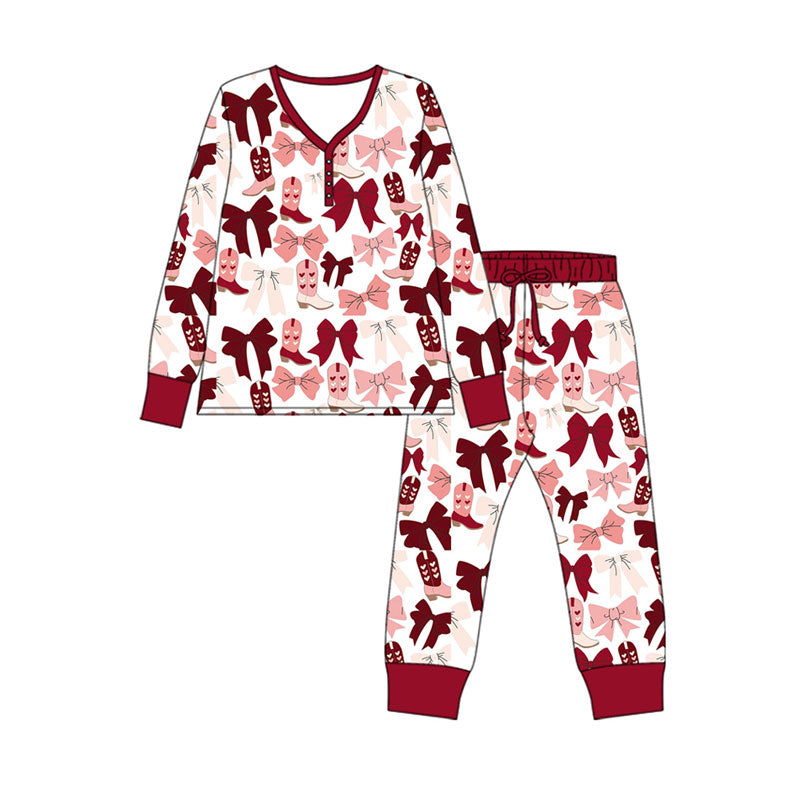Preorder (moq 5)Baby Girls Pink Red Bows Heart Boots Button Top Pants Pajamas Sets