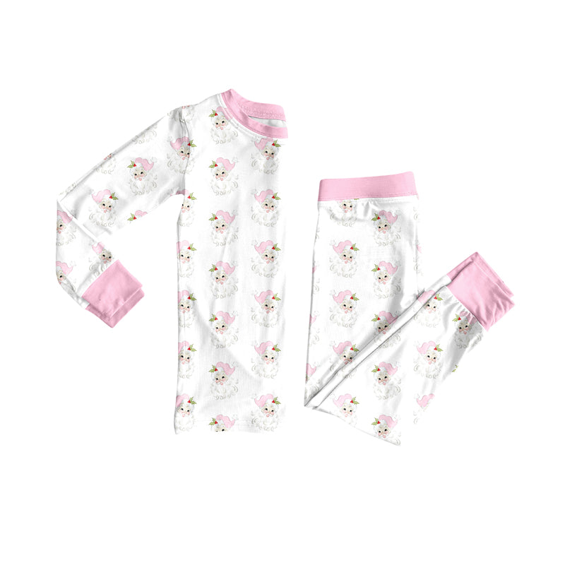 Preorder (moq 5)Baby Girls Long Sleeves Pink Santa Plaid Top Pants Pajamas Set