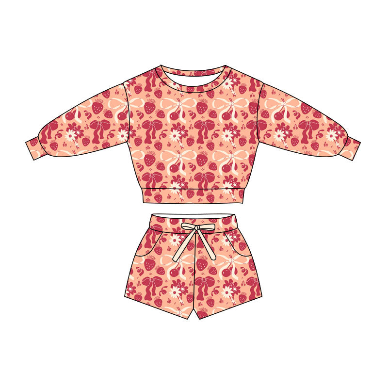 Preorder(moq 5) Baby Girls Bows Strawberry Long Sleeve Top Pockets Shorts Clothes Sets
