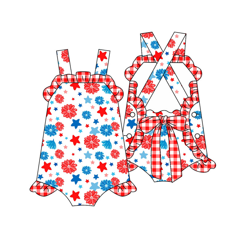 Preorder(moq 5)Baby Infant Girls 4th Of July Stars Flowers Bows Summer Rompers
