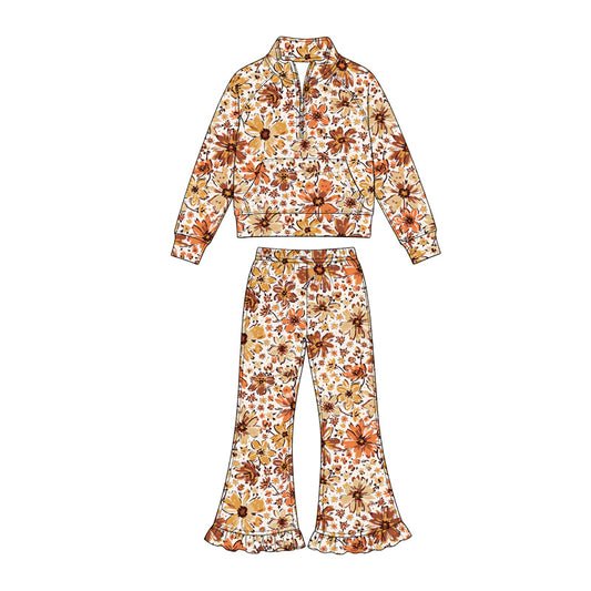 Preorder (moq 5)Baby Girls Flowers Zip Pocket Pullover Top Bell Bottom Pant Fall Clothes Sets