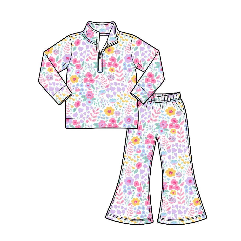 Preorder (moq 5) Baby Girl Clothes Bright Multicolor Spring Floral Print Half Zip Top Flare Pants Set