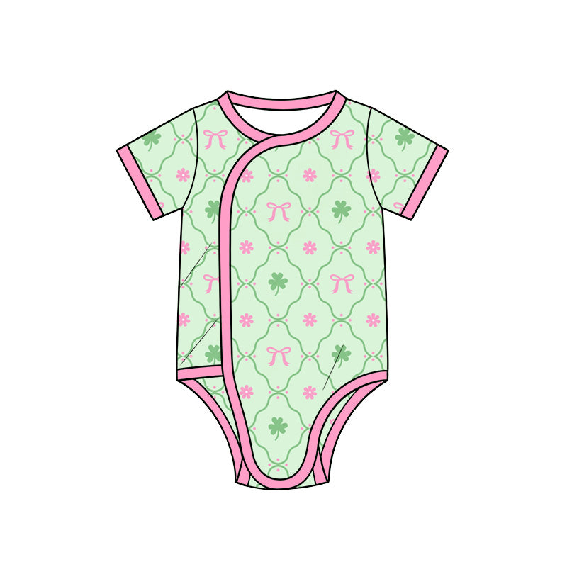 Preorder (moq 5) Baby Girl Clothes St Patricks Clover Bow Floral Geometric Print Short Sleeve Side Snap Romper